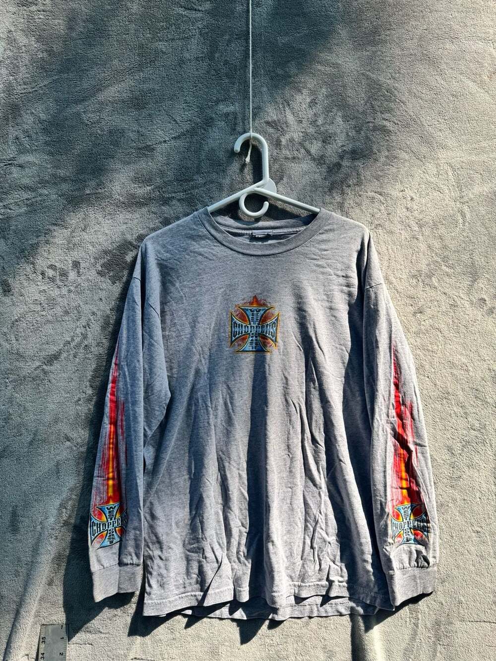 Vintage Y2K West Coast Choppers Long Sleeve T-Shirt Grey with Flame Graphics